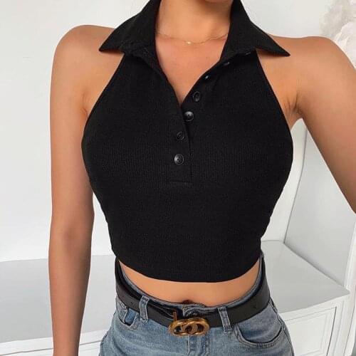 Backless V Neck Sexy Crop Top Halter Tops Solid Color Button Tank Women Camisole Fashion Vintage Short Vest Summer Cropped Camis