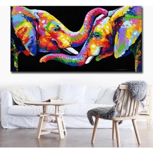 Colorful Elephant Oil Paintings on Canvas Wall Art Posters and Prints Couple Elephants Cuadros Pictures for Living Room Decor