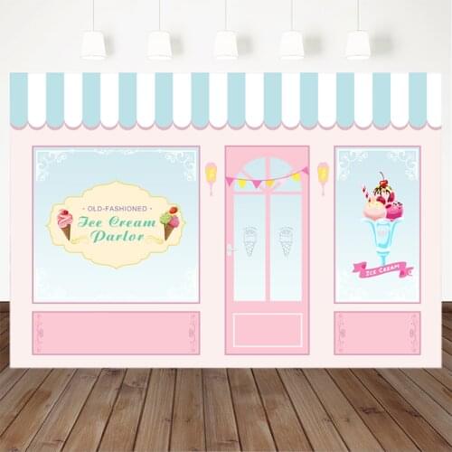 Ice Cream Parlor Store Photography Backdrop Sweet Children Birthday Photo Background Pink Ice Cream Party Banner Supplies