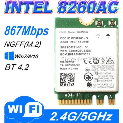 New Dual Band For Intel Wireless-AC8260 8260NGW 8260 NGFF 2x2 802.11ac 867Mbps Wi-Fi + Bluetooth 4.2 Wlan Card Windows 7 8 10