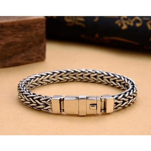 New s925 sterling silver mens bracelet fashion personality hand-woven buckle retro ethnic style
