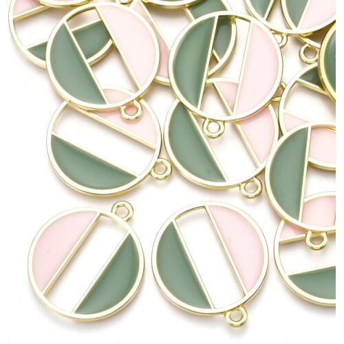 5Pcs Flat Round Stripe Light Gold Colorful Alloy Pendants with Enamel For DIY Crafts Jewelry Making 26x23x1.8mm