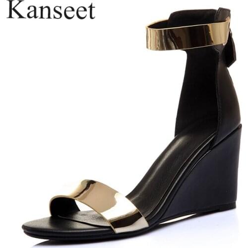 Kanseet Womens Sandals Summer 2021 Metal Leather Wedges Shoe Party Dress High Heel Women Shoes Back Zipper Footwear Big Size 42