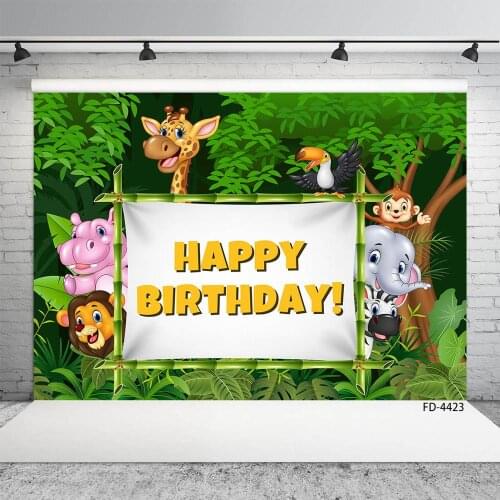 Photo Backdrop Safari Park Cartoon Animals Vinyl Cloth Background Photography Props for Children Baby Birthday Party Photoshoot