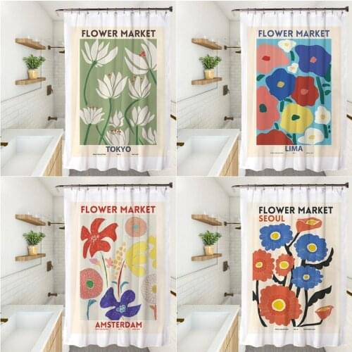 Korean Style Shower Curtain Waterproof Door Curtains for Bathroom Shower Room Floral Print Bath Panel Decorative Drape with Hook