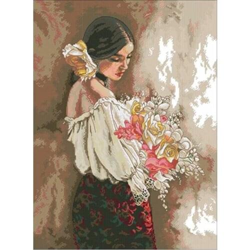 TOP The Beauty holding flowers Counted Cross Stitch 11CT 14CT 18CT DIY Chinese Cross Stitch Kits Embroidery Needlework Sets