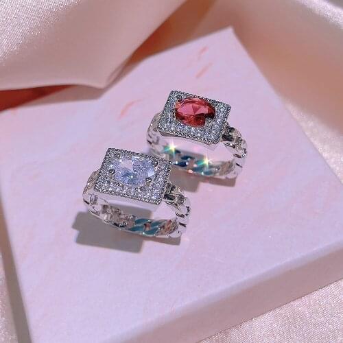 High Quality Exquisite Shiny Zircon Ring Rectangular White/Red Color Crystal Jewelry Simple Couple Ring Party Gifts Wholesale