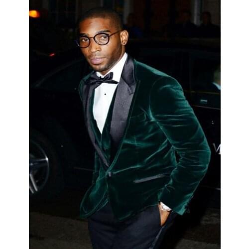 One Button Green Velvet Groom Tuxedos Peak Lapel Groomsmen Best Man Mens Weddings Prom Suits (Jacket+Pants+Vest+Tie)