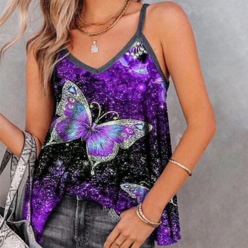 Fashion Halt Sexy V Neck Blouse Casual Women Sleeveless Y2K Tank Top Gradient Butterfly Print Loose Camisole Blouse Tops D30