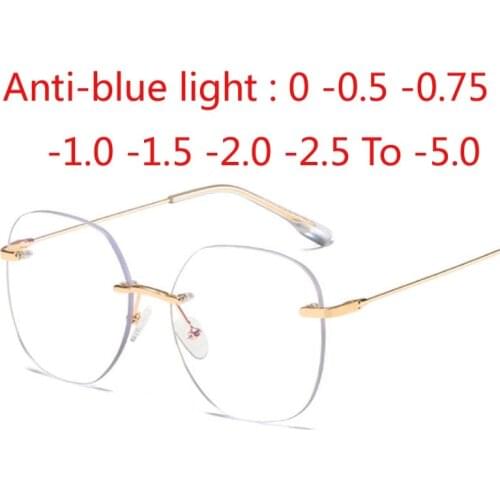 Metal Rimless Glasses Frame Women Prescription Anti-blue light Myopia Optical Oval Eyewear 0 -0.5 -1.0 -1.5 To -5.0