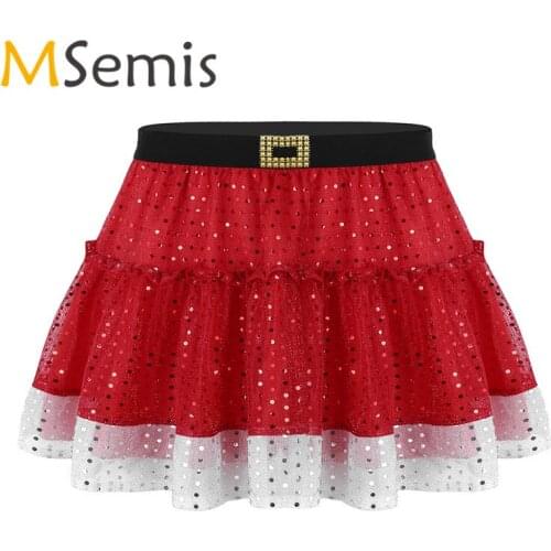Womens Ballet Dance Skirt Girls Latin Dance Skirt Red Shiny Sequins Short Skirt Costume Fancy Skirt Performance Party Dress Up