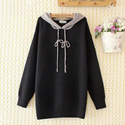 Plus size patchwork hooded women loose long sweaters 2020 new winter casual ladies pullovers knitted jackets female tops navy