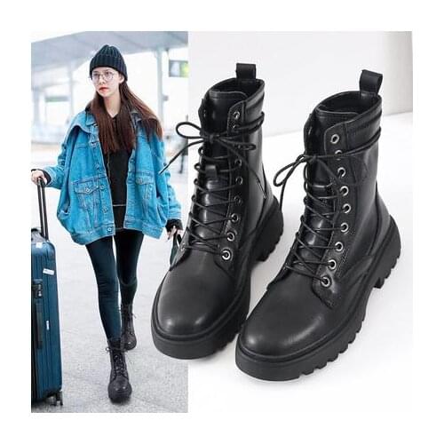 2021 New Women Autumn Winter White Black PU Leather Suede Boots Round Toe Lace Up Shoes Woman Fashion Motorcycle Platform Botas