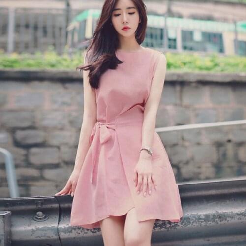 Summer new Korean womens sleeveless vest dress cotton linen dress summer A-line dress solid color ladies dress pink dress