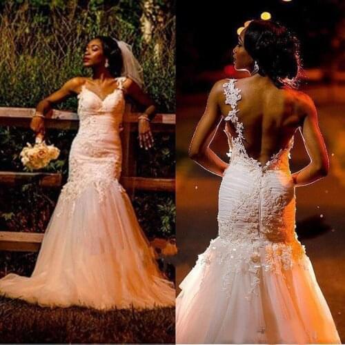 South African Mermaid Wedding Dresses Spaghetti Lace Tulle Sweep Train Backless Zipper Vestido de novia Sexy Wedding Gown Bridal