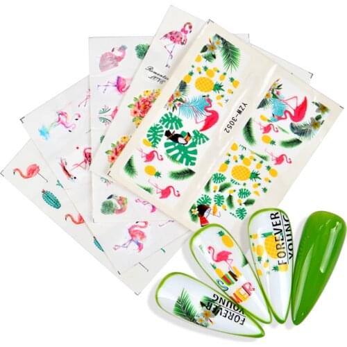 1 Sheet Flamingo Flowers Designs Nail Sticker Water Decal Floral Green Leaf Transfer Decoration Manicure Watermark Tattoo Tips