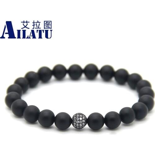 Ailatu 8mm Black Matte Stone Beads with Micro Pave CZ Ball High Grade Fashion Jewelry Bracelet