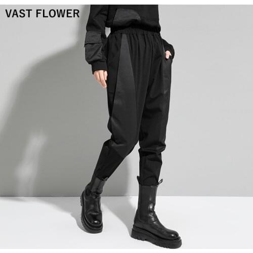 Black Spliced High Elastic Waist Casual Harem Pants Women New Pocket Loose Fit Trousers Autumn Winter 2021 Fashion Streetwear