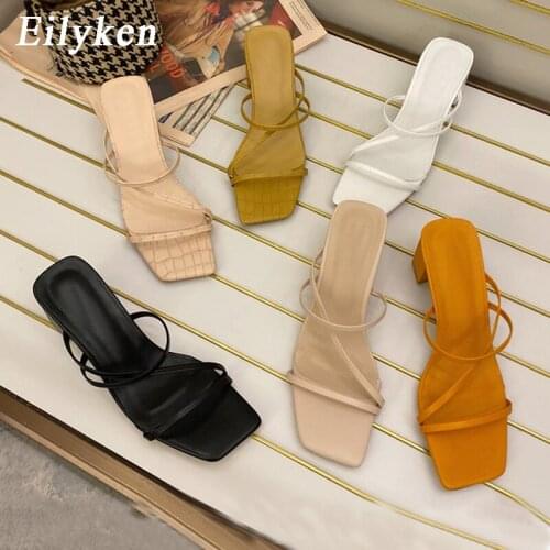 Eilyken Elegant Women Slides Shoes Fashion Sexy Snake Prints Thick Heels Summer Slippers Vintage Square Toe Sandals Size 35-41