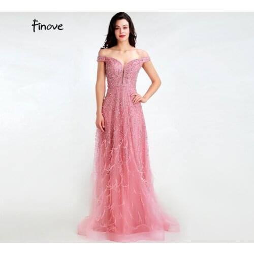 Finove 2020 New Evening Dress Elegan Boat Neck With Beading Feathers A Line Formal Long Party Gowns Robe De Soiree