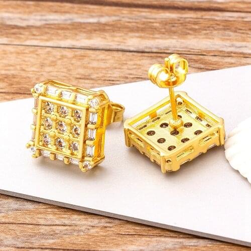 Gold Color Classic Square Shine Stud Earrings Hip Hop Luxury Rhinestone Geometric Earrings For Women Best Party Birthday Jewelry