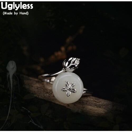 Uglyless Real S 925 Sterling Silver Jewelry Handmade Natural White Jade Flower Rings for Women Romantic Floral Ring Lotus Bijoux