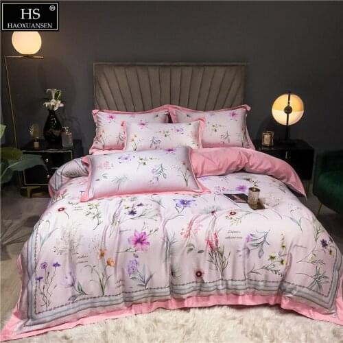 Pink / White Fabric Tencel Lyocell 4Pieces Bedding Set Summer Thin Quilt Sheets Pillowcase Duvet Cover Lightweight Comforter