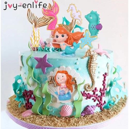 Crown Mermaid Cake Topper Fishtail Shell Cake Flags Kids Favors Cake Decoration Childrens Day Party Birthday Dessert Decoration