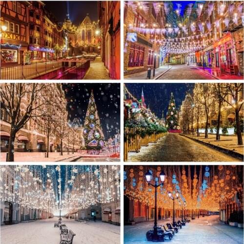 Laeacco Winter City Street Lights Scenery Christmas Birthday Portrait Photo Background Photographic Backdrop For Photo Studio