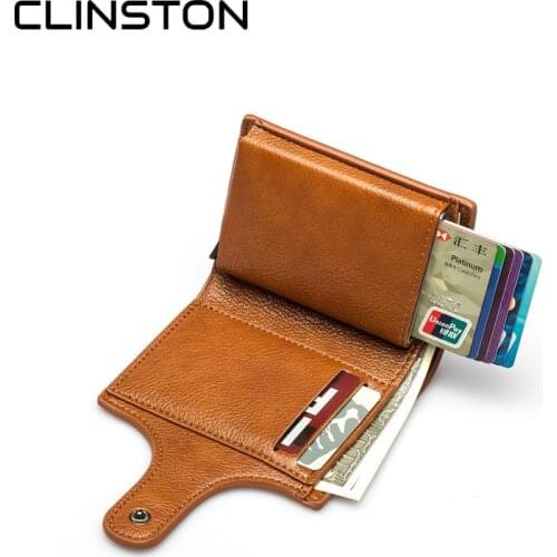 RFID Blocking Mens Leather ID Credit Card Holder Man Automatic Aluminum Alloy Business Male Cardholder Smart Wallet for Men