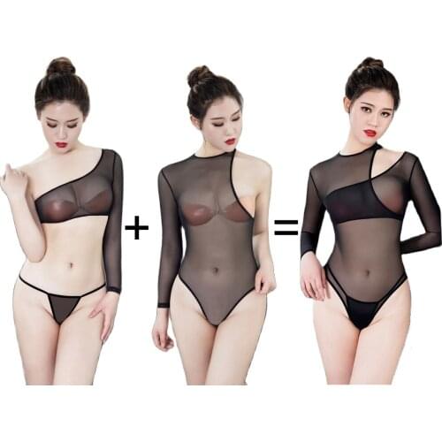 3PCS/SET Mesh See Through Erotic Lingerie One Shoulder Irregular High Cut Thong Bodysuit Sexy Transparent Swimsuit Sukumizu Tops
