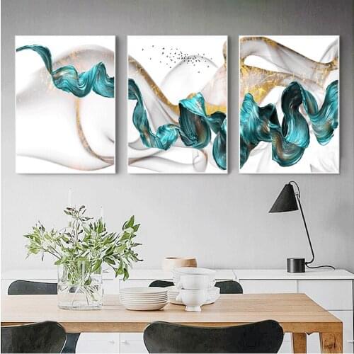 Nordic Abstract Color Spalsh Blue Golden Canvas Painting And Print Unique Decor Wall Art Pictures For Living Room Bedroom