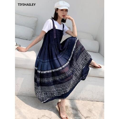TIYIHAILEY Free Shipping 2021 New Fashion Summer Vintage Long Mid-calf Dress Embroidery For Women Strap Sleeveless A-line