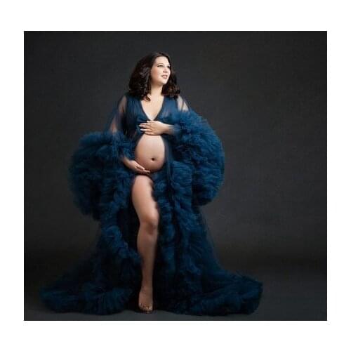 Extra Puffy Tulle Maternity Dresses Puff Sleeves Open Front Long Length Sheer See Through Pleated With Train Pregnancy Tulle Gow