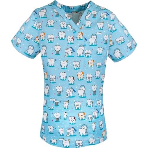 Hospital Worker Nursing Uniform Women Teeth Print Casual Short Sleeve V-neck Scrub Top Nurse Working Medical Uniforms Supplies