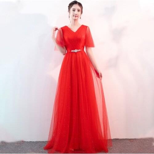Evening Dress Red Simple V-Neck Pleat Short Sleeves A-Line Elegant New Floor-Length Zipper Back Woman Formal Party Gowns A1322