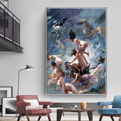 Witches Going to Sabbath Vintage Wall Art Poster Canvas Print Painting Wiccan Occult Grotesque Macabre Retro Antique Picture
