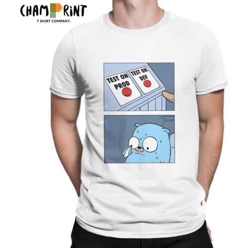 Vintage Golang Gopher Two Buttons T-Shirts for Men Crewneck Pure Cotton T Shirts Language Programming Short Sleeve Tees
