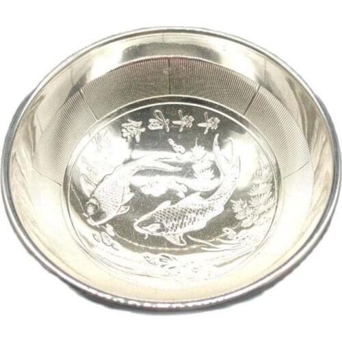 Rarely Tribe Jewelry Tibetan Tibet Silver Carved relief white copper bowl fish pattern Miao silver bowl flowers bloom 140g