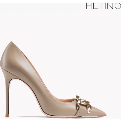 Casual Designer Women Shoes Nude Genuine Leather Buckle Pointy Toe Stiletto Stripper High Heels Zapatos Mujer Prom Evening