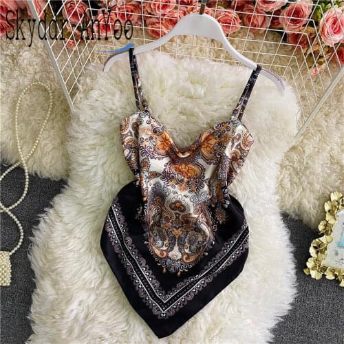 2021 Women Vintage Printed Bandage Sexy Tops Spaghetti Strap Backless Summer Fashion Boho Beach Crop Tops