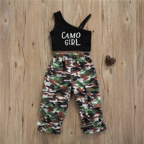 1-5 Years Infant Girls Camouflage Set Black Sleeveless Off-The-Shoulder Tank Tops And Camouflage Printing Pants Girls Outfits