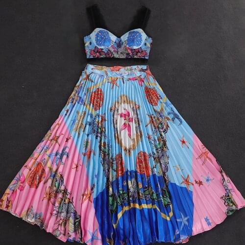 Summer 2021 New Desiger womens skirt set Beach Style tank Top + High-rise pleated Skirt 2piece set B590