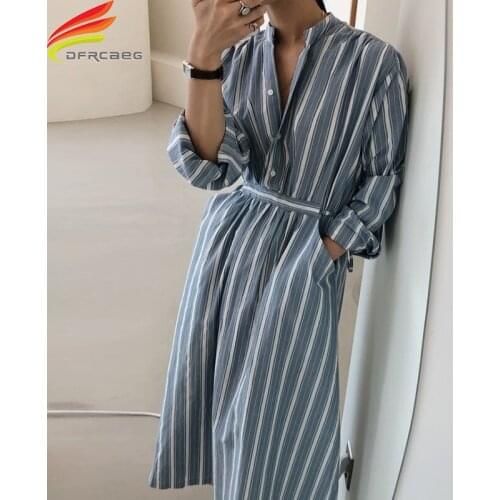 New 2020 Autumn Winter V Beck Long Sleeve Striped Long Shirt Dress Women Korean Style Buttons Up A Line Maxi Dresses Women