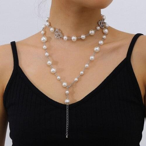 Fashion Temperament Imitation Pearls Rhinestone Heart Pendant Necklace Women Beads Chains Geometric Necklace Pendants Jewelry