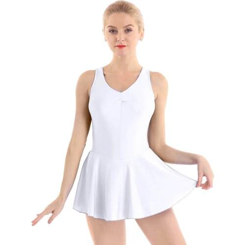 Women Sleeveless V-neck Solid Color Gymnastics Leotard Ballet Dress Workout Dancewear Adult Performance Lyrical Dance Costumes