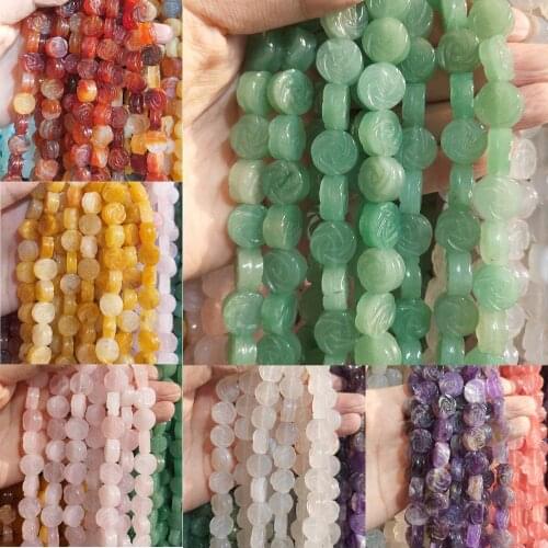 14x7mm Natural Semi-precious Stone Loose Beads Strand DIY Making Bracelet Necklace Accessories Double-sided Carved Rose Beads