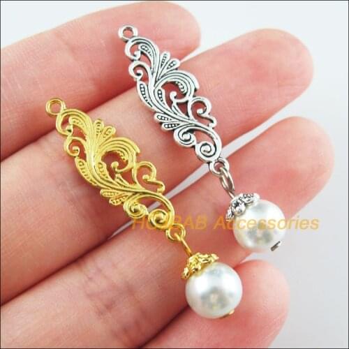 15Pcs Gold Tibetan Silver Tone Phoenix White Glass Beads Charms Pendants 9.5x42mm