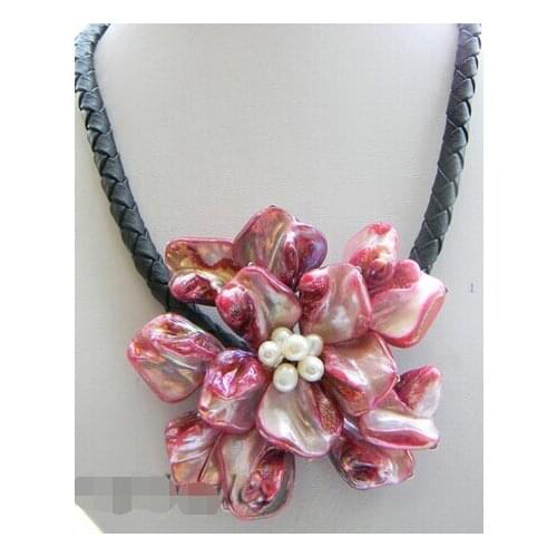 Free shipping >>>>>17''70mm hand-made red Shell Flower Necklace