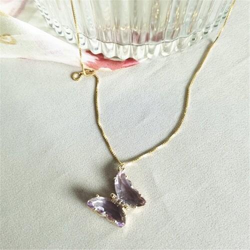 Artificial Amethyst Butterfly Pendant Necklace For Women Gold Color 925 Silver Chain Necklace Korean Style Choker Party Jewelry
